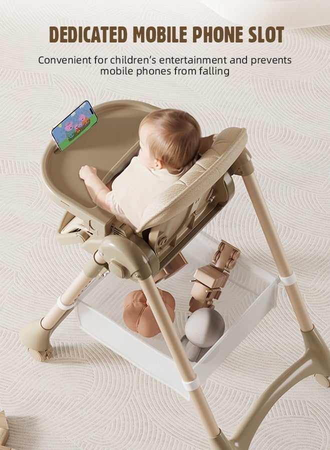 Soft Touch 3-in-1 Baby High Chair, Foldable Toddler Feeding Chair with Removable Soft Cushion and Double Tray, 8 Height Levels, 4 Recline Positions, Baby Dining Chair with Wheels and Storage Basket, Baby Dining Chair for 6–36 Months (Beige) - Image 4